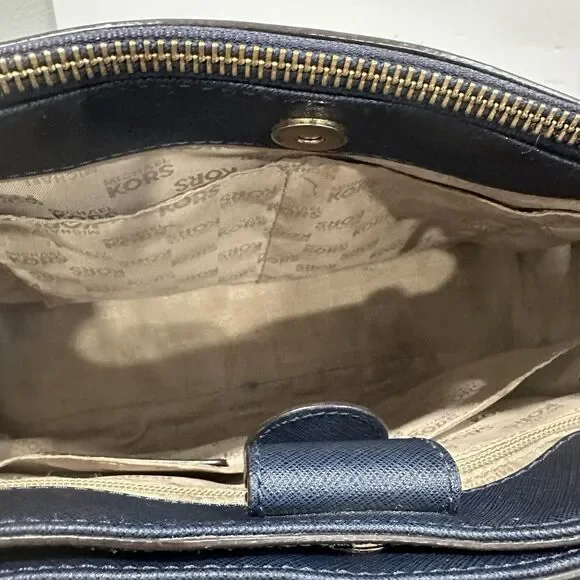 Michael Kors Kellen Medium Satchel Navy Blue Saffiano Leather Gold Hardware - Picture 13 of 15